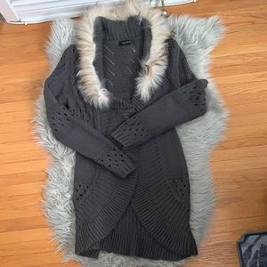 Grey Fur Trimmed Long Knit Cardigan